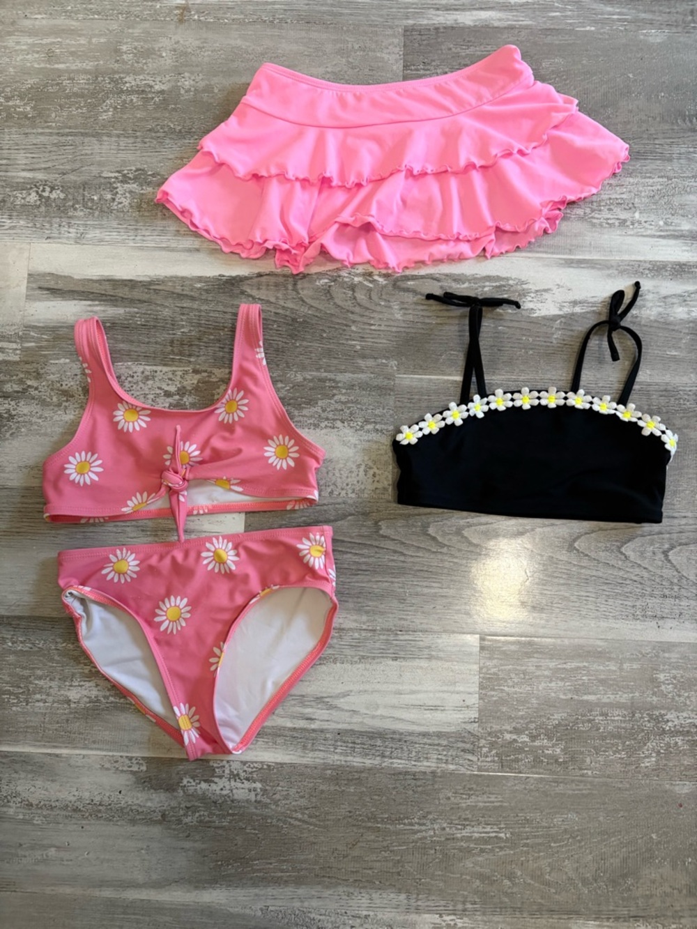 Girls Pink Daisy Bikini Set with Black Daisy Trim Tankini